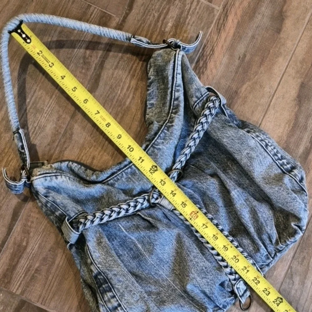 Vtg Denim Braided Detail Zipper Closure Boho Bohemian Hobo Shoulder Bag